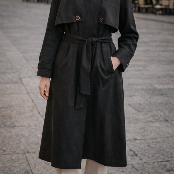Stylish Black Long Trench Coat – Belted, Lightweight & Chic - Picture 2 of 16